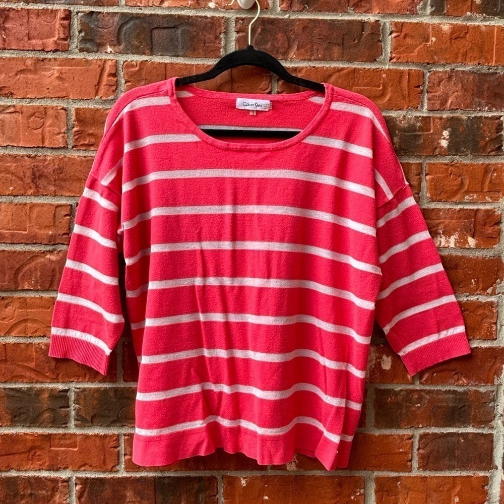 Calvin Klein Womens Large Coral Pink White Stripe Pullover Casual Sweater